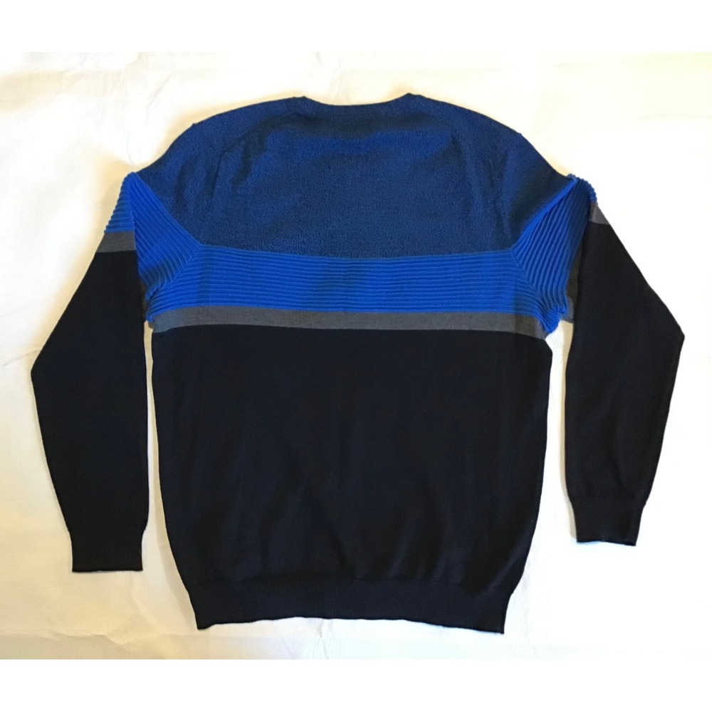 Alfani Mens Colorblock Textured Stripe Cotton Crewneck Sweater Blue Black Large - Picture 3 of 3
